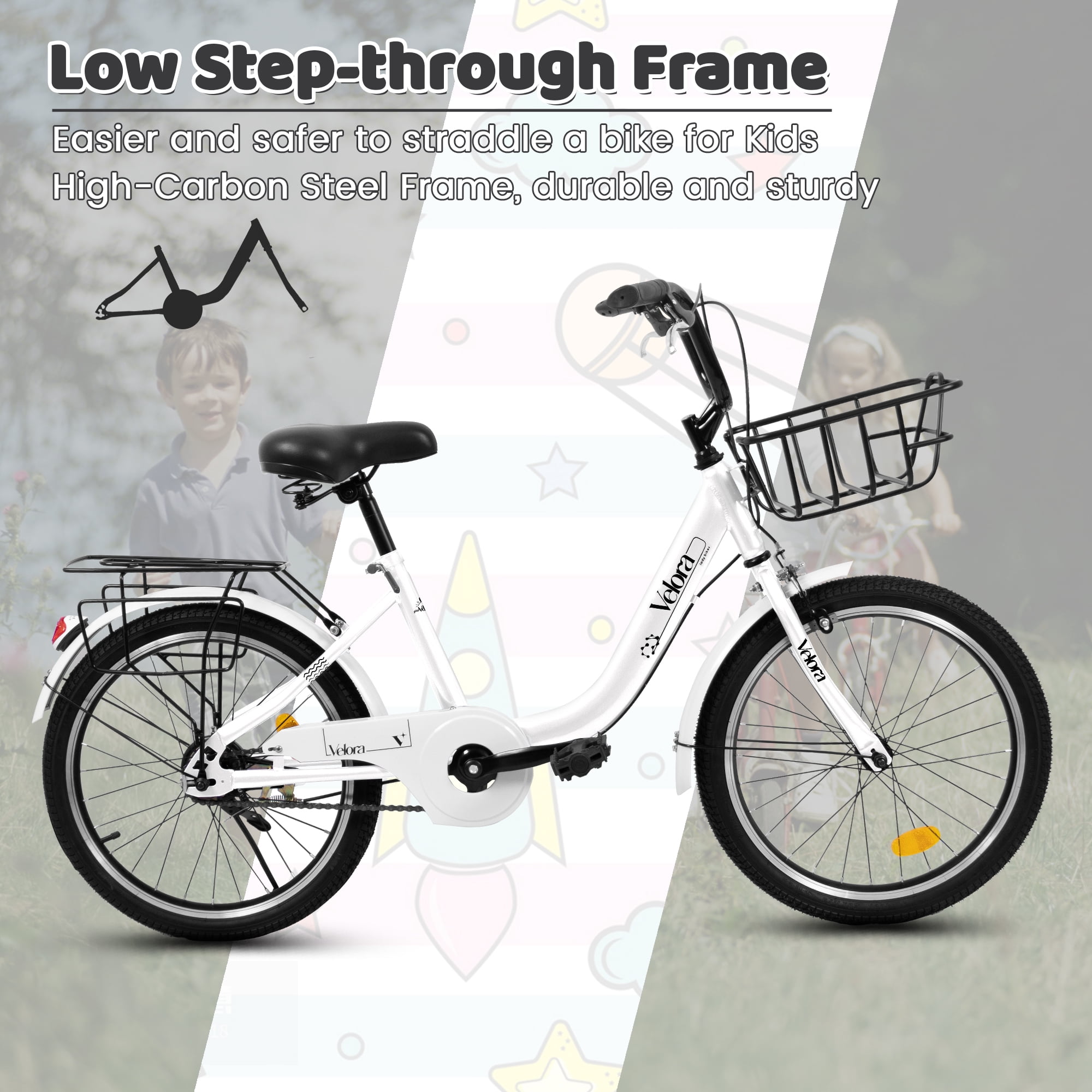 Aukfa 20" Kids Bike,Children's Bicycle with Coaster Brake & Rear Rack & V-Brake,White