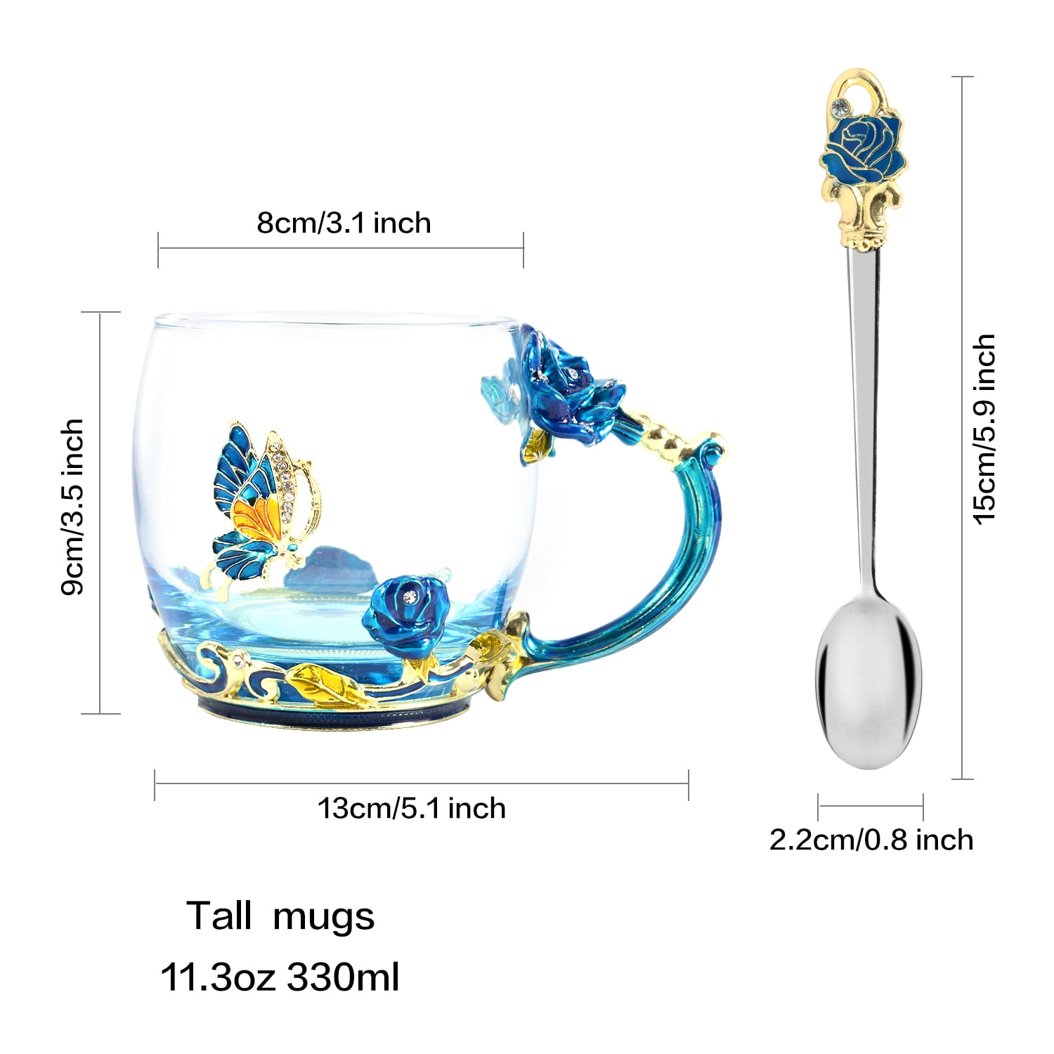 Tea Mug, Coffee Cup with Spoon Set Clear Glass Handmade Enamel Butterfly Flower,Mother's Day,Birthday,Christmas Gift