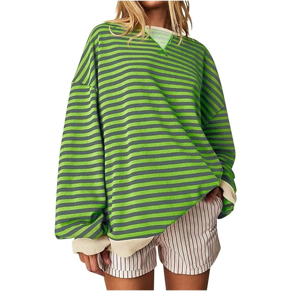 Dezsed Women Oversized Striped Crewneck Sweatshirt Long Sleeve Color Block Pullover Tops Casual Loose Workout Shirt Green 3XL