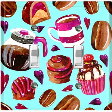 Metal Light Switch Wall Plate Outlet Cover (Coffee Mocha Candy Bean Toffee Swirl Cupcake Coffee Maker Teal Pink Hearts - Double Toggle)