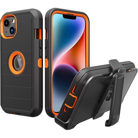 Designed for iPhone 16 Case with Belt Clip & Kickstand, Full-Body Multi Layers Rugged Case with 2 Pcs Screen Protectors for Apple iPhone 16 6.1 inch 2024 (Black Orange)