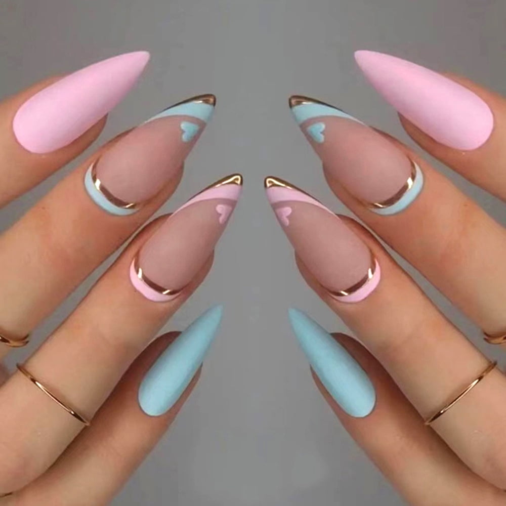 French-Style Artificial Nails Golden Edge Fake Nails with Pink Blue Color  Matching 