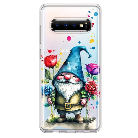 MUNDAZE Samsung Galaxy S10 Plus Shockproof Clear Hybrid Protective Phone Case Gnome Red Purple Blue Roses Garden Cover