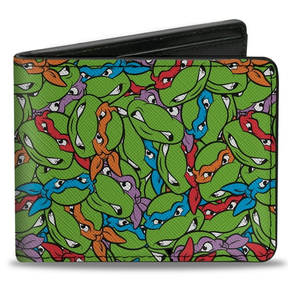Nickelodeon Wallet, Bifold, Teenage Mutant Ninja Turtles Faces Stacked Green Multi Color, Vegan Leather