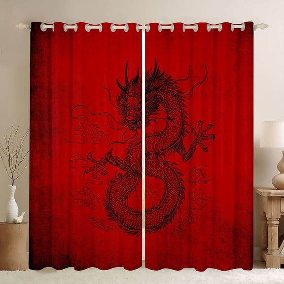 Feelyou Chinese Dragon Black Out Curtains, Red Graffiti Curtains Pack of 2 (42x63 Each)