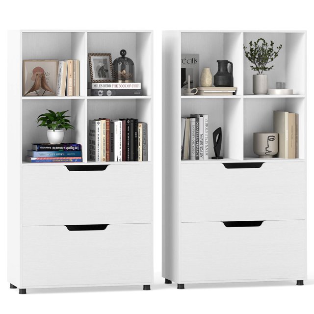 Costway 2PCS 51" 5-Tier 4-Cube Bookcase with 2 Drawers for Living Room, Study, Home Office White