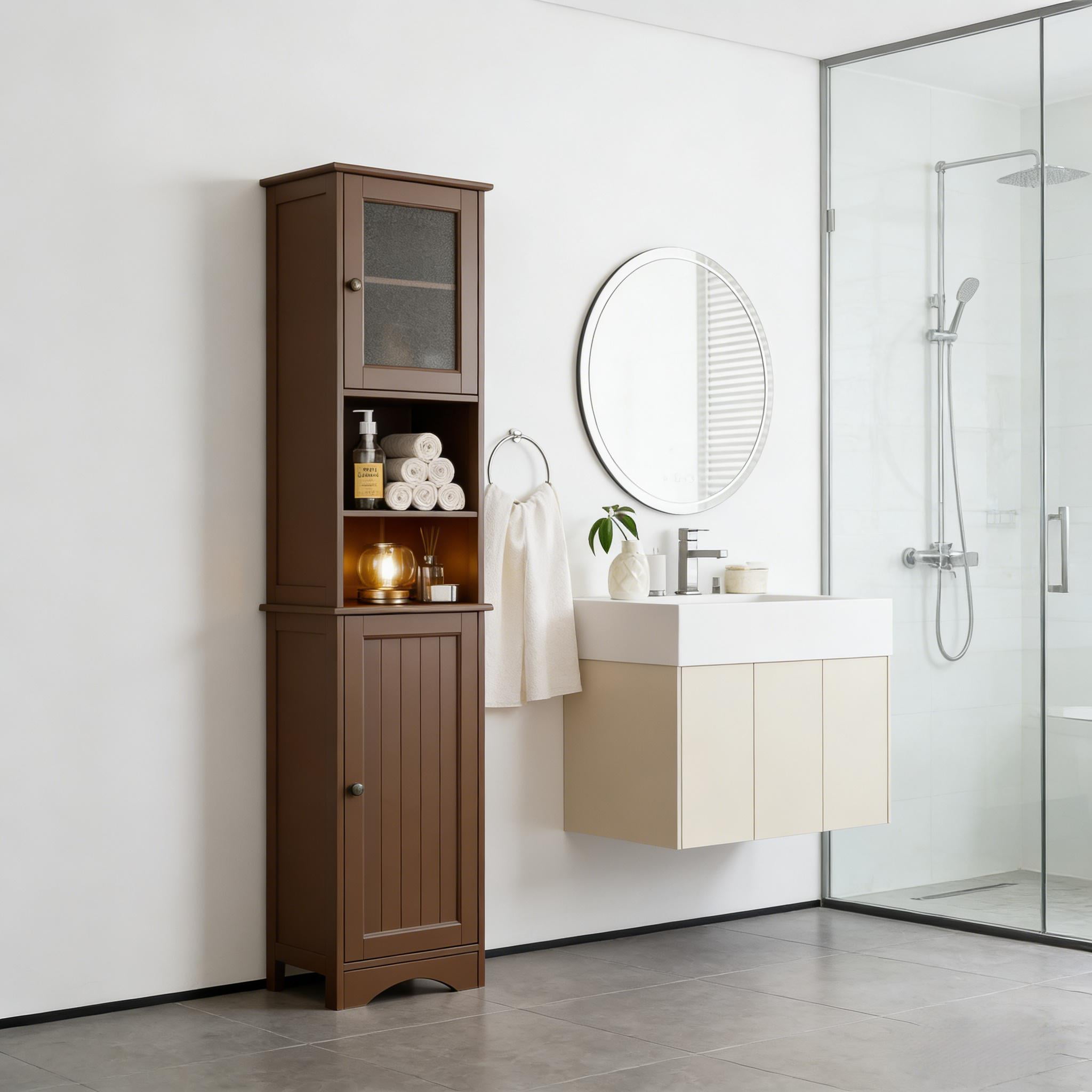 Tall Bathroom Storage Tower, 67.1" Bathroom Cabinet with Adjustable Shelves and Open Shelves for Bathroom, Living Room, Brown