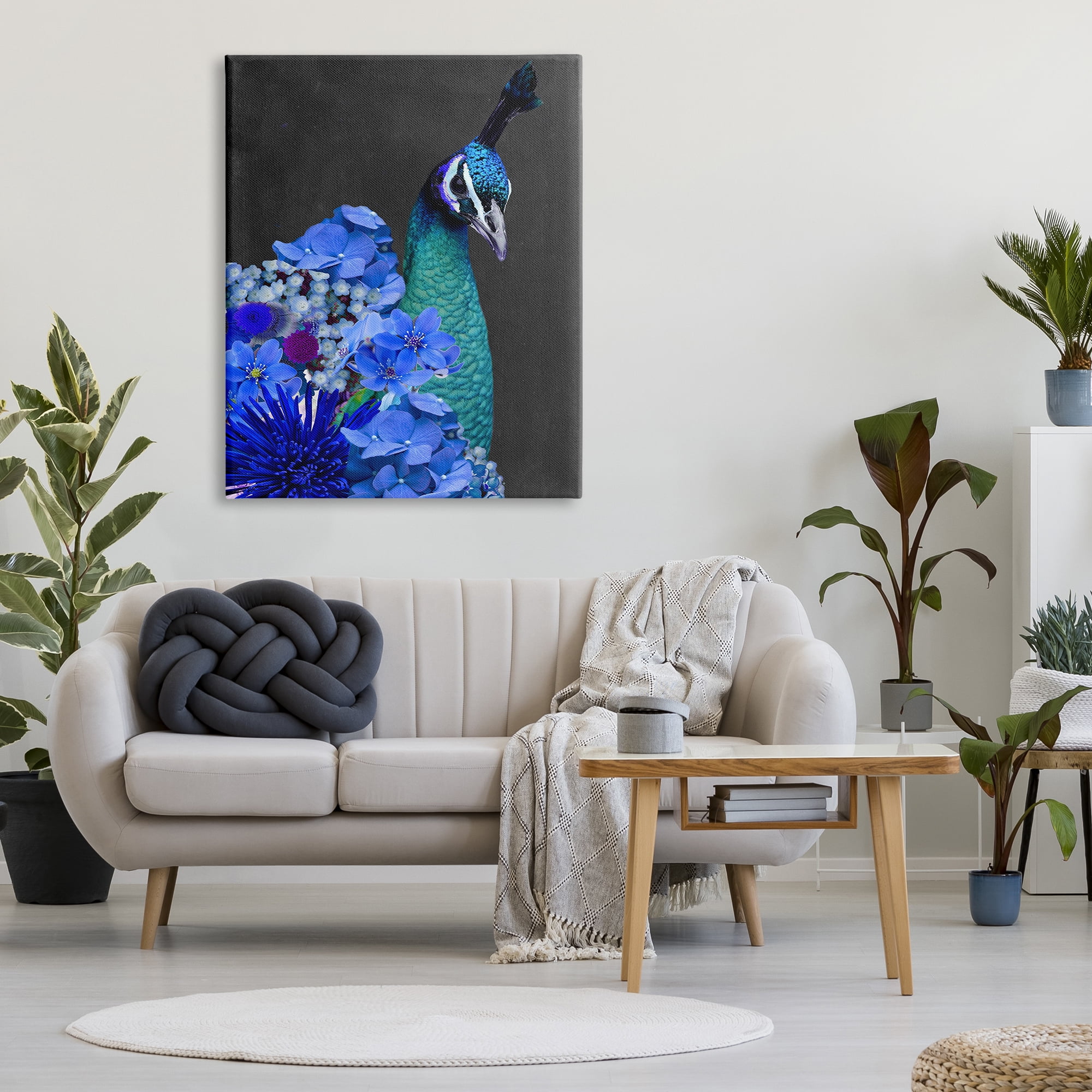 Stupell Industries Peacock with Blue Flowers Animals & Insects Painting Gallery Wrapped Canvas Art Print Wall Art, 36 x 48