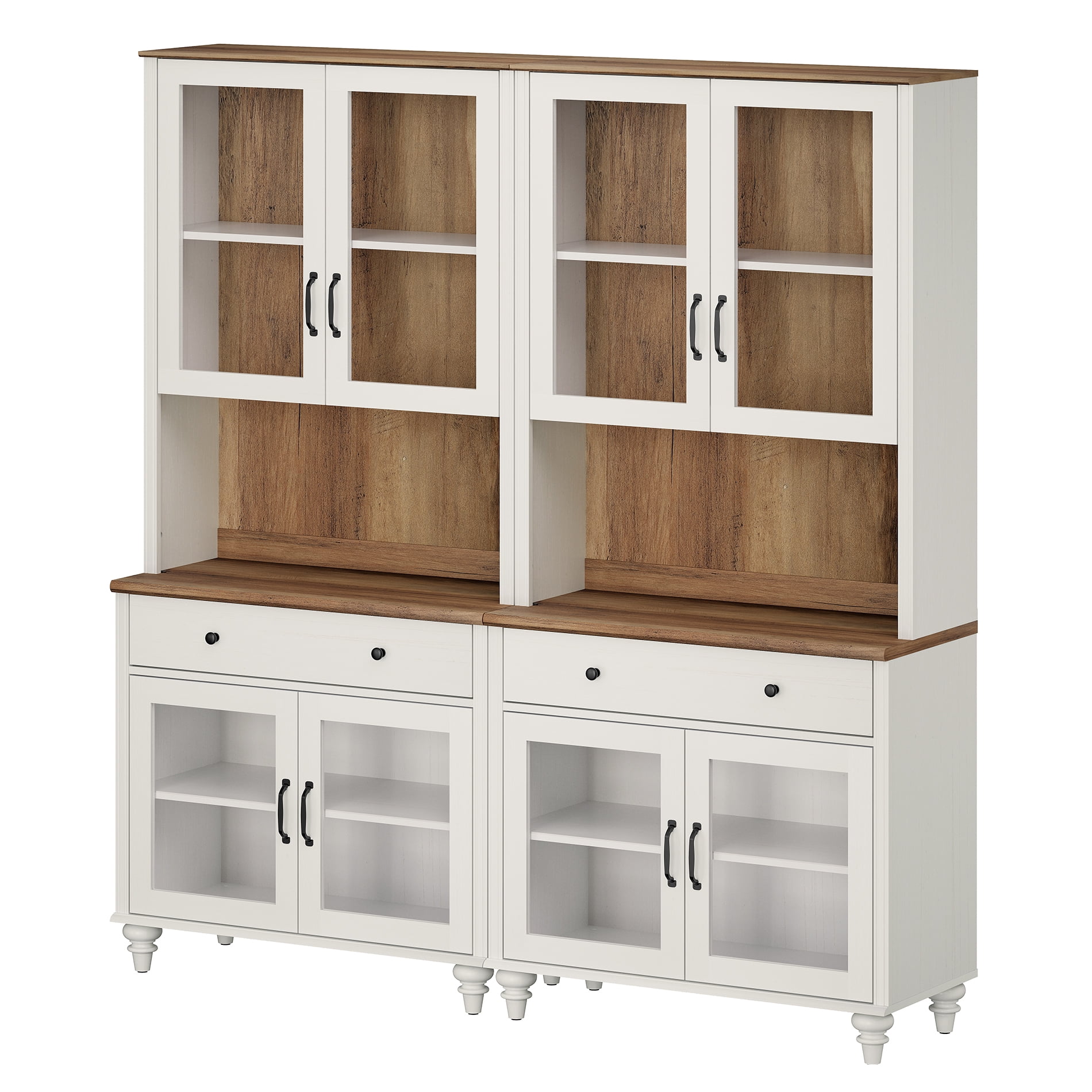 72.1"H × 67.7"W Bookcase with Glass Doors and Drawer, Large Farmhouse Bookcase with Bar Hutch, Suitable for Living Room, Bedroom, Home Office & Kitchen, White