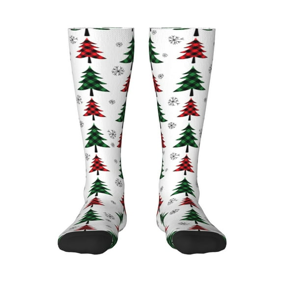 Honeii Buffalo Plaid Christmas Trees Print Long Socks,Novelty Design Socks Gift for Men and Women,Crew Socks,Calf Socks
