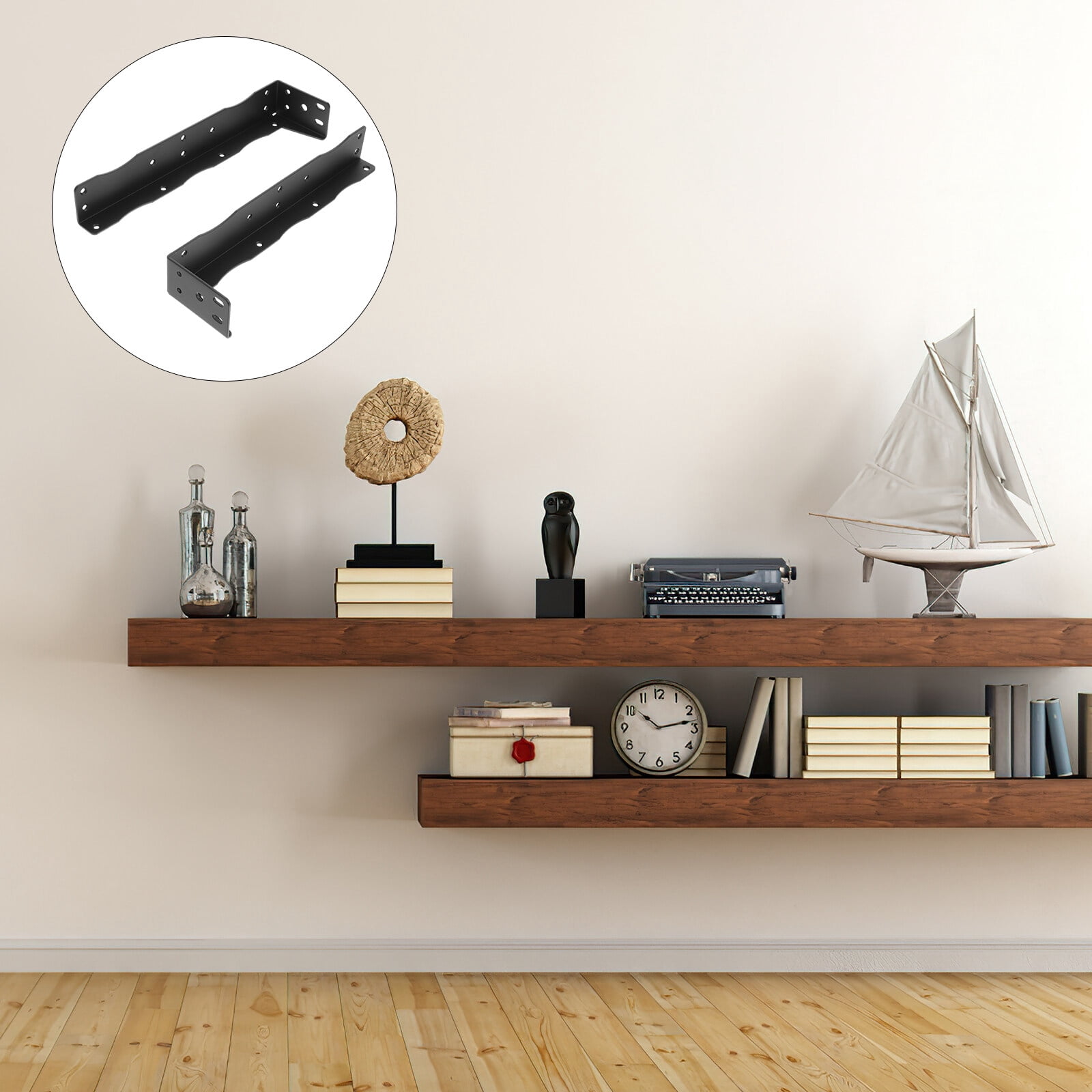 Black Iron L-Shaped Shelf Brackets for Storage Use with Smooth Surface 2 Pcs