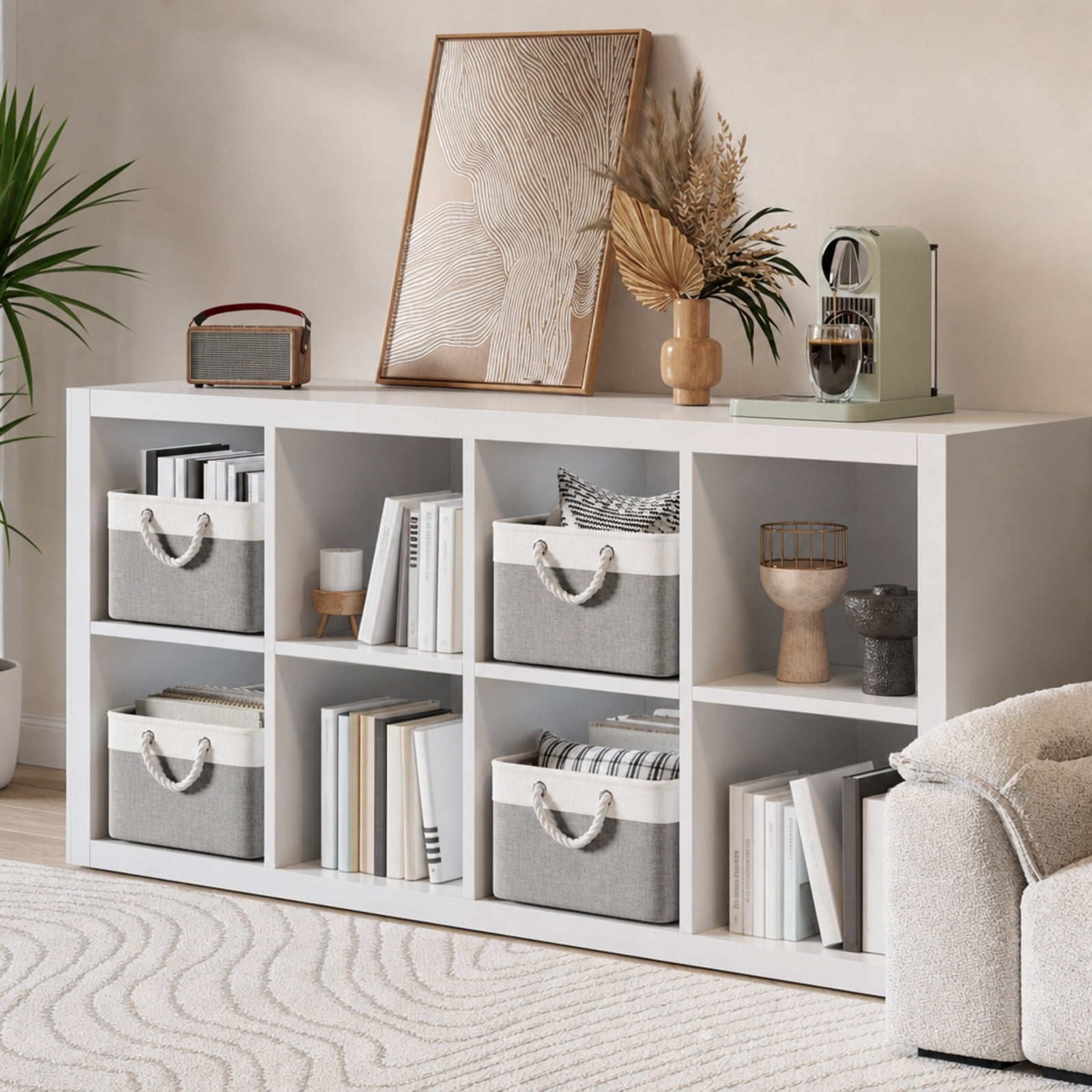 Fenbeli Fabric Storage Baskets Set of 4 Foldable Storage Bins with Cotton Rope Handles for Shelf and Closet, grey and white