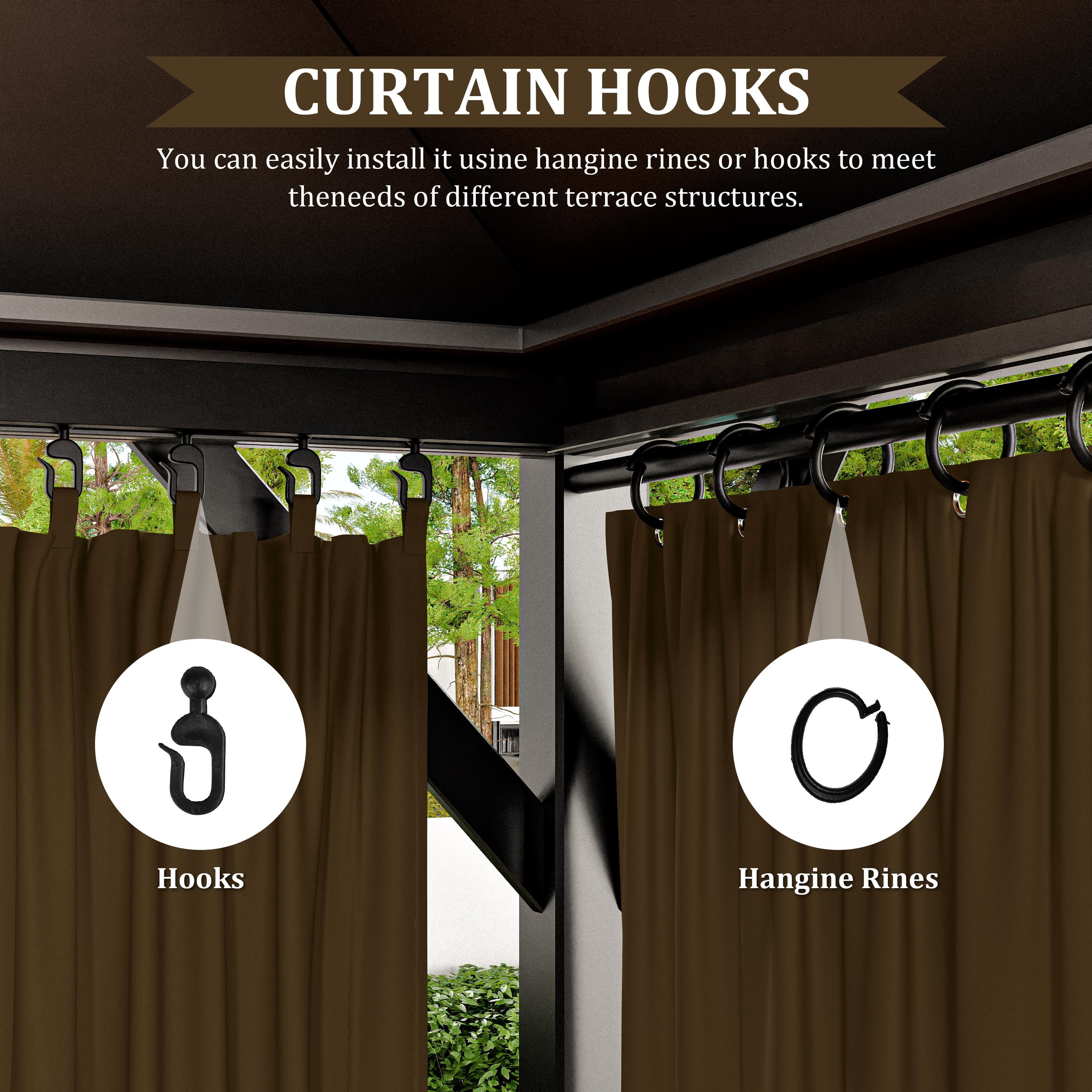 Pakunoda 10' X 6.5' Gazebo Universal Replacement Privacy 4-Panel Curtains, Waterproof Outdoor Curtains Chococlate Sidewall with Zipper for Patio Garden Backyard 10' X 10' Gazebo, Curtain Only