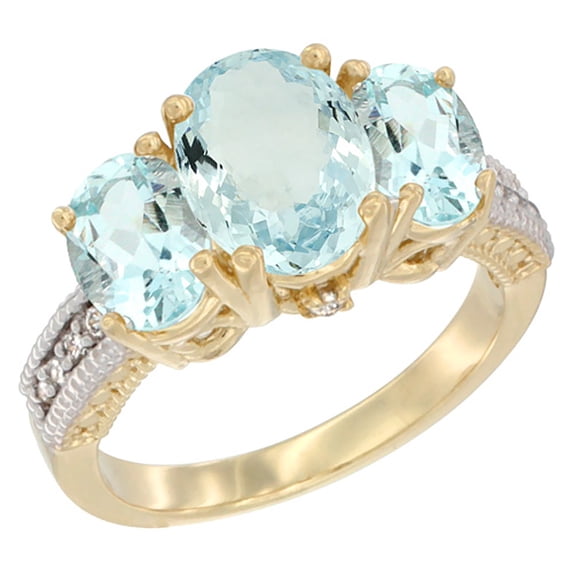 14K Yellow Gold Diamond Natural Aquamarine Ring 3-Stone Oval 8x6mm, size 5