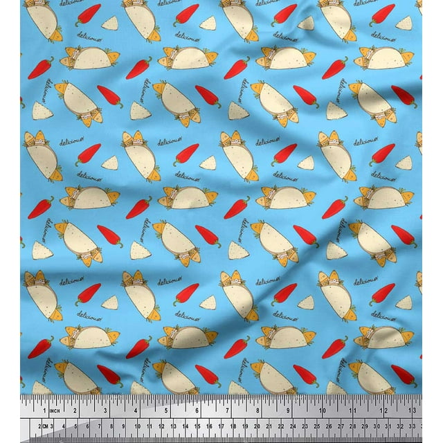 Soimoi Tissu Georgette Poly Bleu Imprimé Nourriture Piment Rouge & Tacos Tissu de Couture Yard 42 Pouces de Large