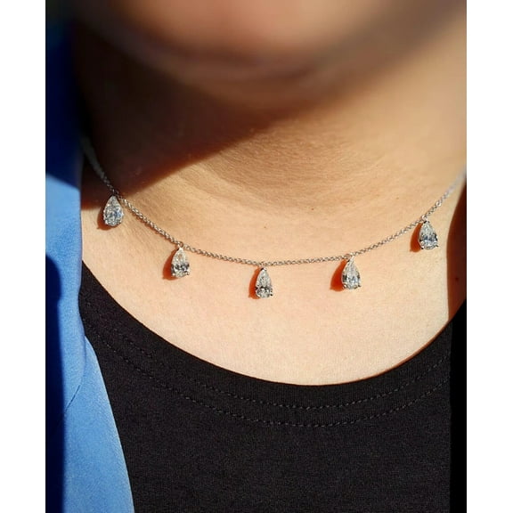 5Ct Pear Cut Lab Created Diamond Five Stone Station Necklace 14K White Gold Plated 18"