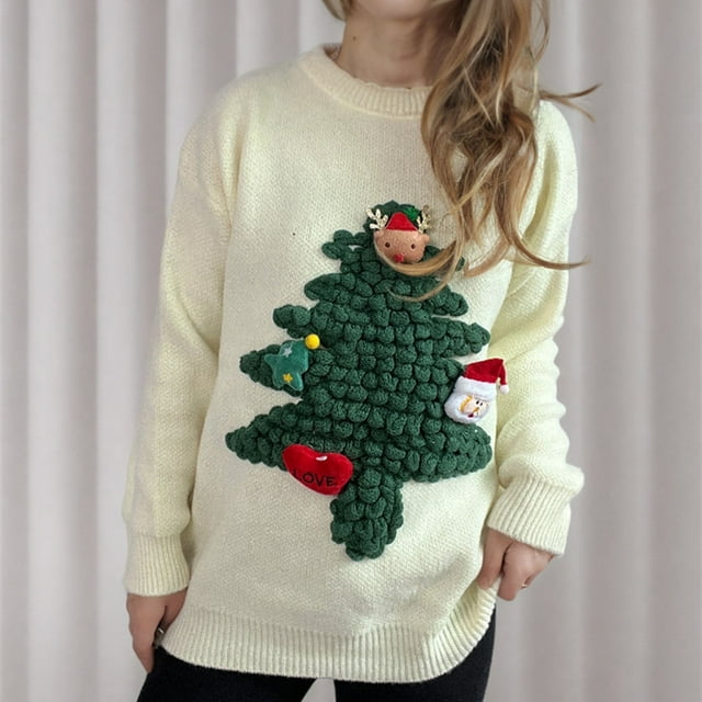 TIMIFIS Chandails de Noël pour Femmes Automne Manches Longues Mignon Renne Arbre de Noël Imprimé Col Rond Chandail Décontracté Hiver Extensible Tricoté