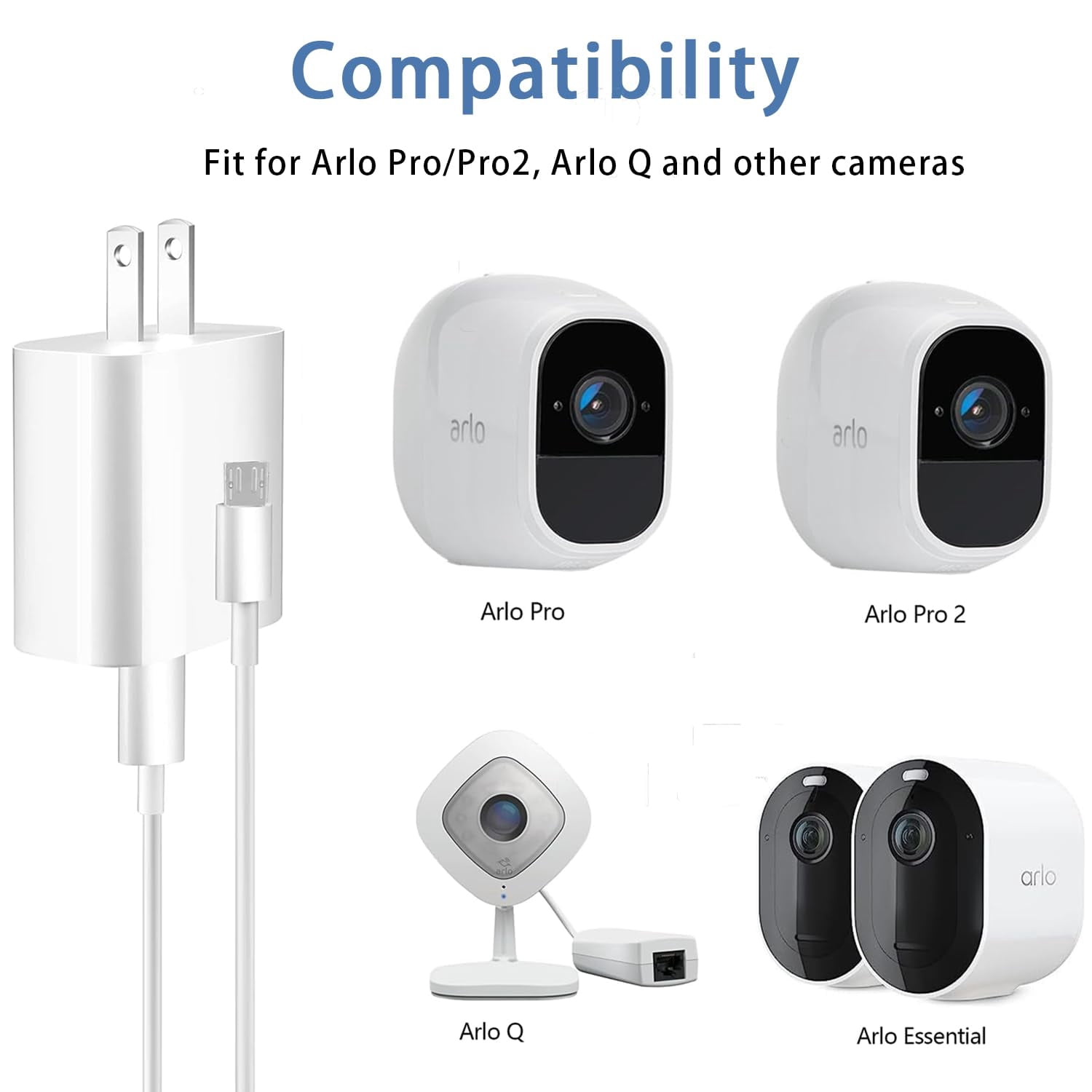 for10Ft Adapter Charging Power Cord Fit for Arlo Pro/Pro2, Arlo Q, Arlo GO Indoor Camera, Wyze Cam Pan v3 v2, Yi Home Camera Oculus Go, Kasa Cam USB A Wall Charger Power Supply Adapter Cord