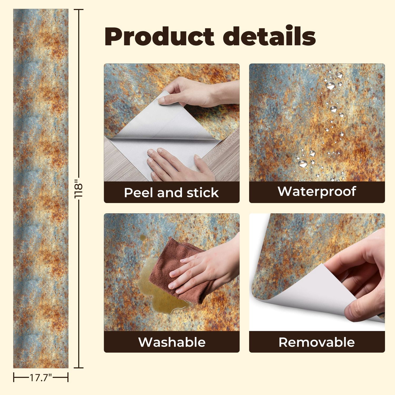 Vintage Peel and Stick Wallpaper Rusty Metal Texture Weathered Blue Orange Wall Mural 17.7in x 9.8ft Self Adhesive Removable Wall Paper Renter Friendly Wallpaper for Nursery Bedroom Cabinets