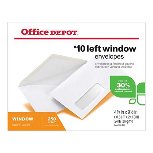 Office Depot® Brand Window Envelopes, Window On Bottom Left, #10, 4 1/8" x 9 1/2", 30% Recycled, White, Pack Of 250