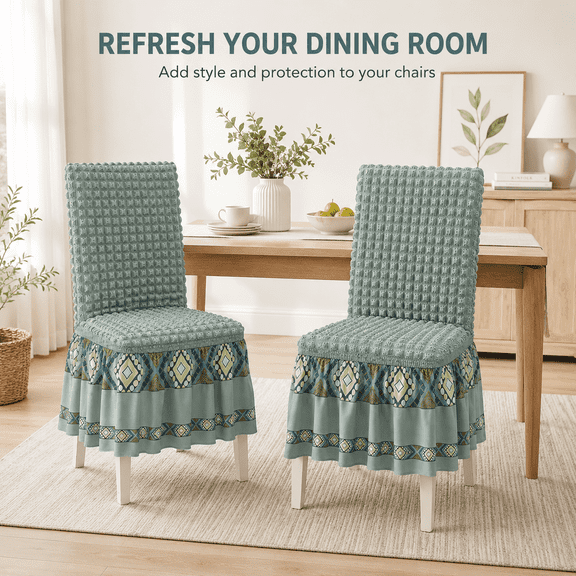 2-Pack One-Piece Stretch Dining Chair Covers with Patterned Skirt, Waffle-Textured Washable Slipcovers, Sage Green