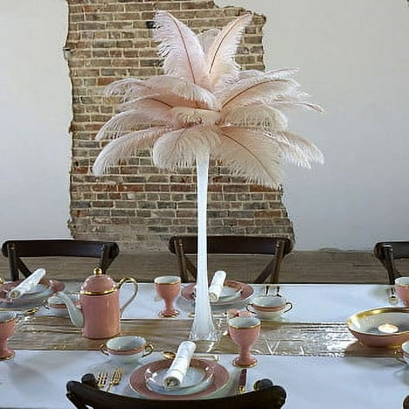 ZUCKER® 24pcs 13-16" Ostrich Feather Centerpiece Set - 24" Eiffel Tower Vase Wedding Decorations White and Champagne (Light Pink)
