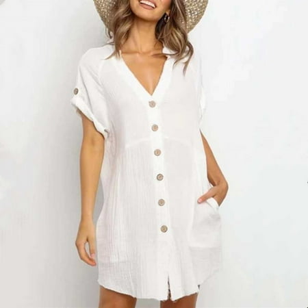 Clearance Under $20 qolati Women s Swimsuit Coverups Cotton Linen Bikini Beach Swimwear CoverupsBathing Suit Button Down Oversized A-Line Cover Up Dress with Pockets