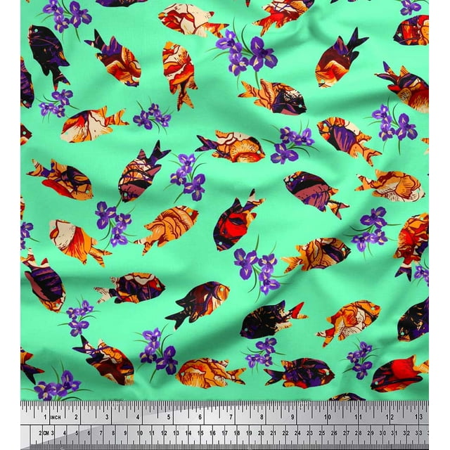 Soimoi Polyester Crepe Fabric Floral & Textured Fish Ocean Print Fabric by Yard 52 Inch Wide