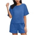 thumbnail image 3 of Bovxnpu Women 2 Piece Outfits Short Sleeve Pants Set Loungewear Sets Women's Solid Cotton Linen Tee & Pocket Shorts 2-Piece Set, 3 of 7