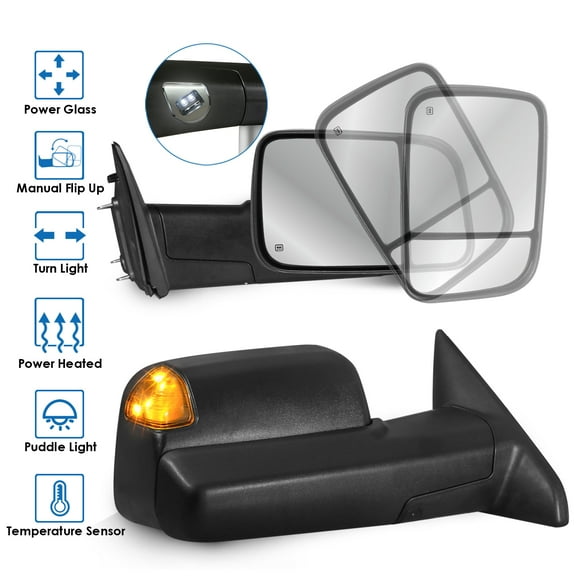 2PCS Power Heated Tow Mirrors w/ Puddle Lights Turn Signal For 2009-2018 Ram 1500