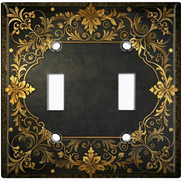 Metal Light Switch Wall Plate Outlet Cover (Printed Image of Floral Golden Frame - Double Toggle)