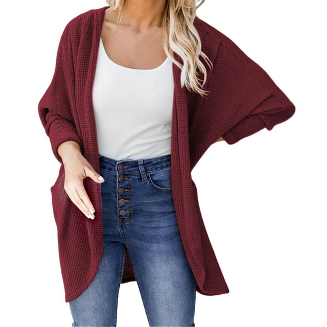 Manteau Femme Hiver Automne Col Rond Maille Torsadée Cardigan Mode Ample Ouvert Pardessus Mi-Long Manteau Extérieur Uni Chaud Trench