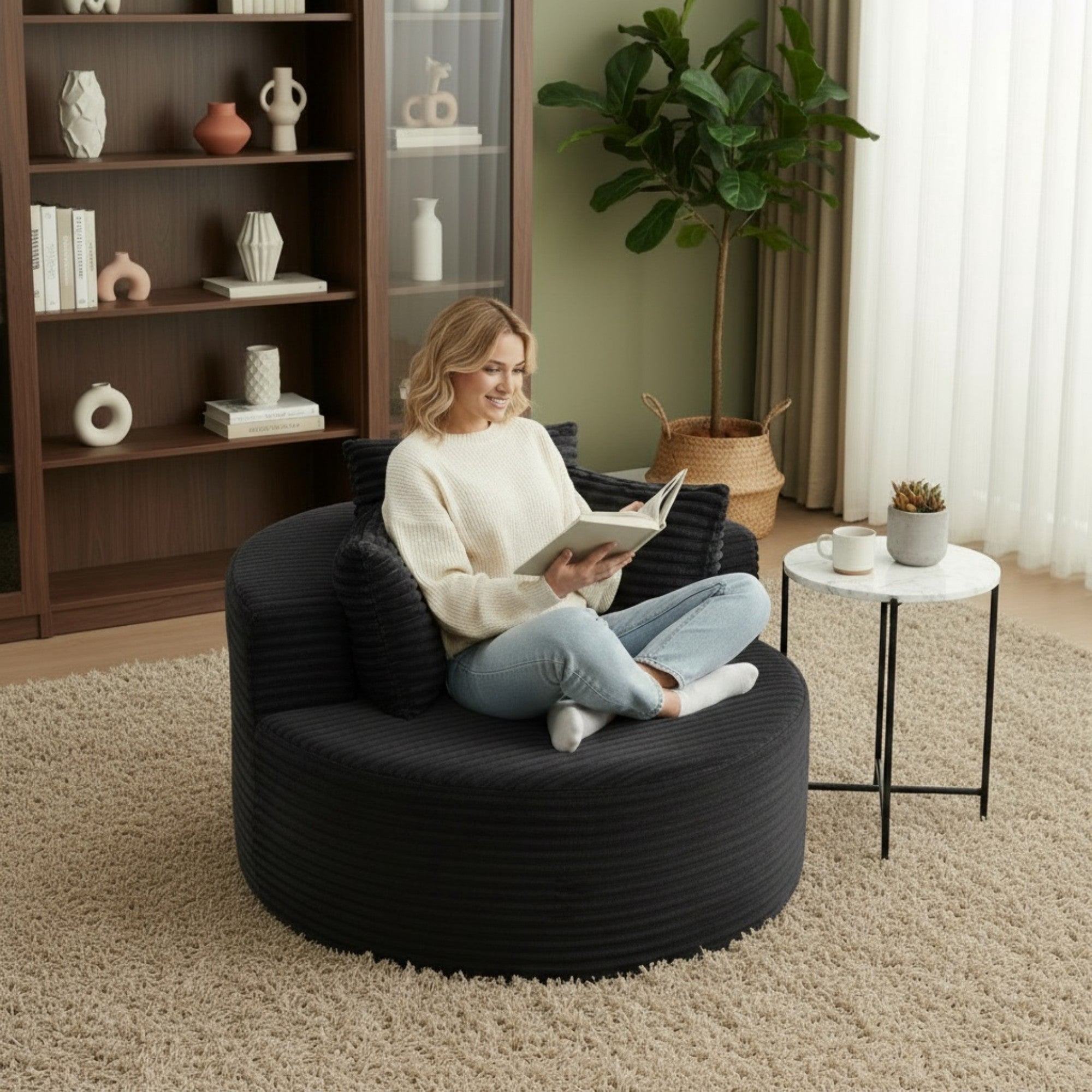 Sailvan 43" Round Corduroy Single Sofa Lounge Chair with 3 Pillows, Modern Minimalist Accent Chair for Bedroom, Living Room & Game Room Black