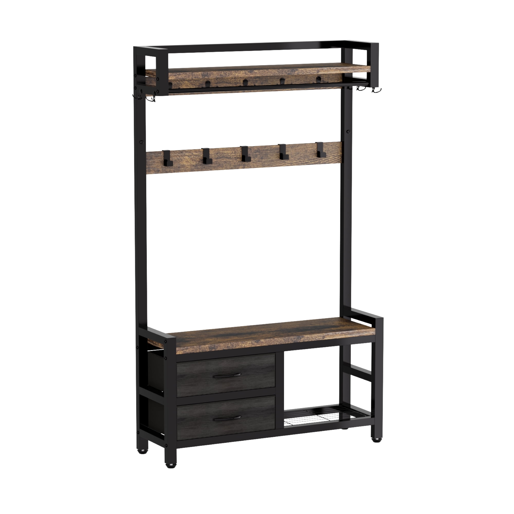 Euroco 5-in-1 Hall Tree with Coat Hooks, Shoe Storage Bench, Fabric Drawers & Hanging Rod, Rustic Entryway Organizer with Top Shelf and Metal Frame