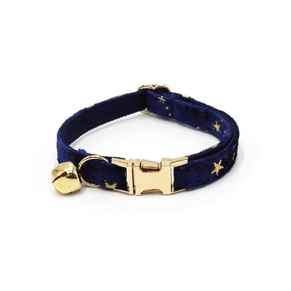 GASTROPOD Non-Breakaway Velvet Cat Collar with Name - Izable Collar with Bell & Bow Tie Available (Cute Cute Dog Collar Dark Blue Stars)