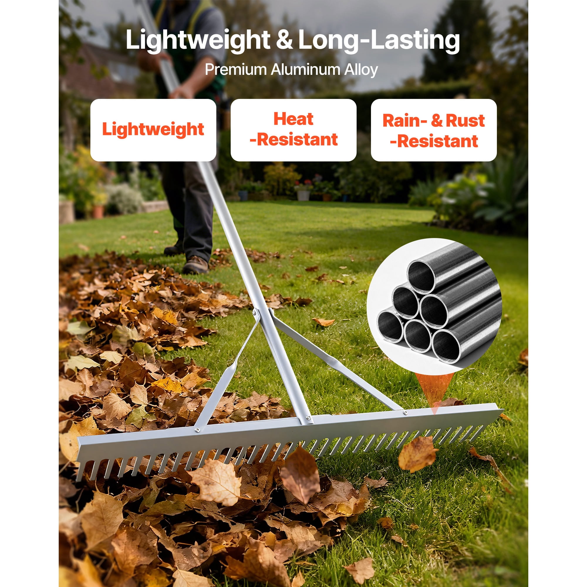 KFFKFF 36-Inch Landscape Rake with 133-Inch Handle, Durable Aluminum Rake for Soil Preparation, Garden and Yard Maintenance, Leveling Asphalt, and Managing Gravel,and Beach Areas, Includes 52ft Rope