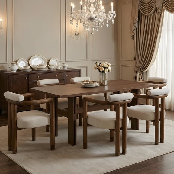 Christopher Knight Home 7-Piece Modern Dining Set, Walnut Rectangle Table with Beige Upholstered Chairs