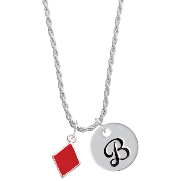 Delight Jewelry Silvertone Card Suit - Red Diamond Silvertone Script Initial Disc - B - Charm Necklace, 20"+3"