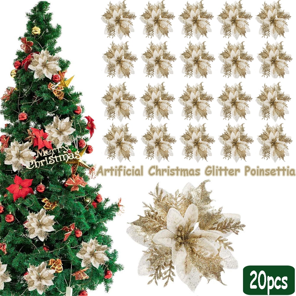 20pcs Christmas Ornaments Poinsettia Glitter Flower Decoration Tree Xmas Decor 