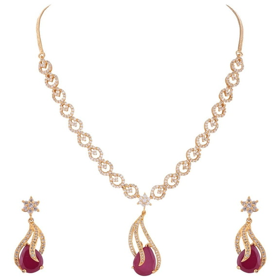 Ratnavali Jewels Women's Gold Tone Red Cubic Zirconia V Shape Pendant Drop Necklace Earrings Set for Brides and Weddings