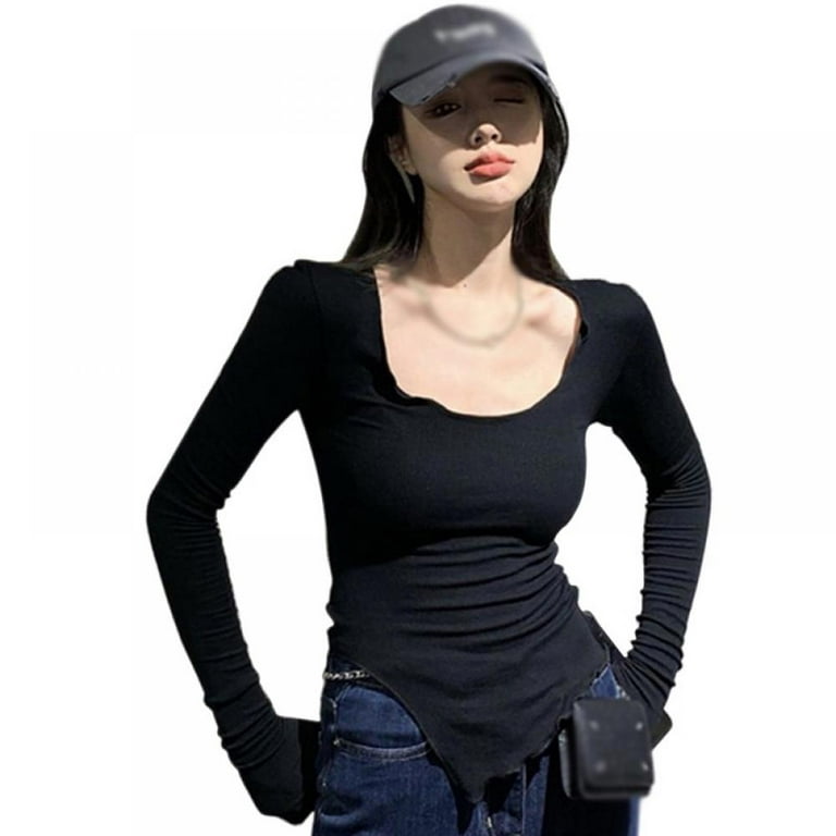 Women Korean Style T Shirt O Neck Long Sleeve Slim Casual Split