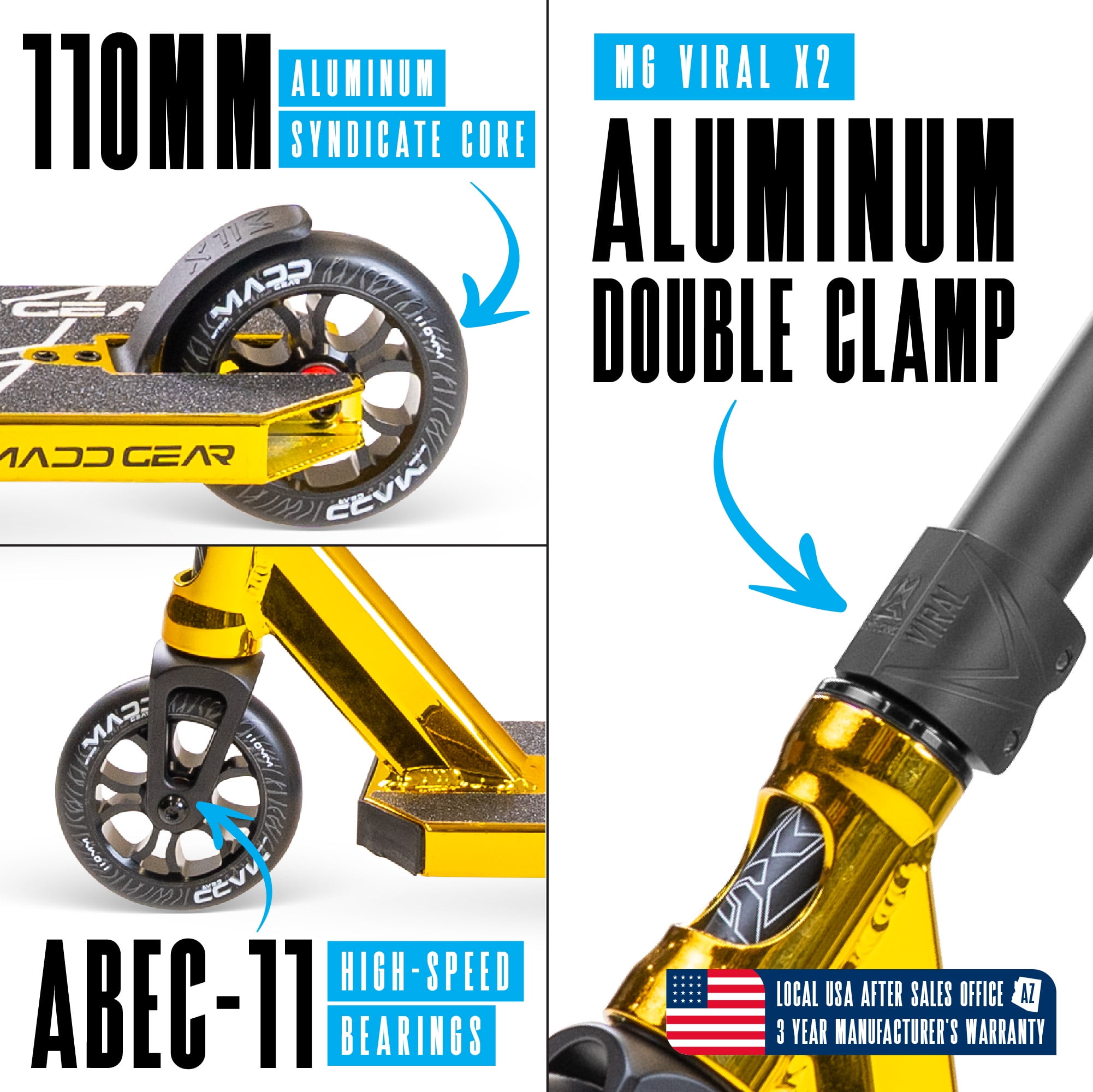 Pro Complete Stunt Scooter for Teens and Adults Ages 8 - 12 with Lightweight Durable Frame – Madd Gear MG6 - Gold