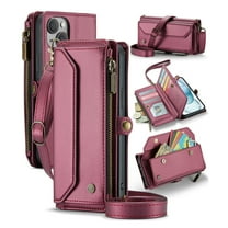 ShellTech Crossbody Wallet Women Men Bag Case for iPhone 15 Plus,Magnetic Leather Flip Case RFID Blocking 10-Card Holder Zipper Bills Slot Cash Pocket Stand Cover with Shoulder Wrist Strap,Winered