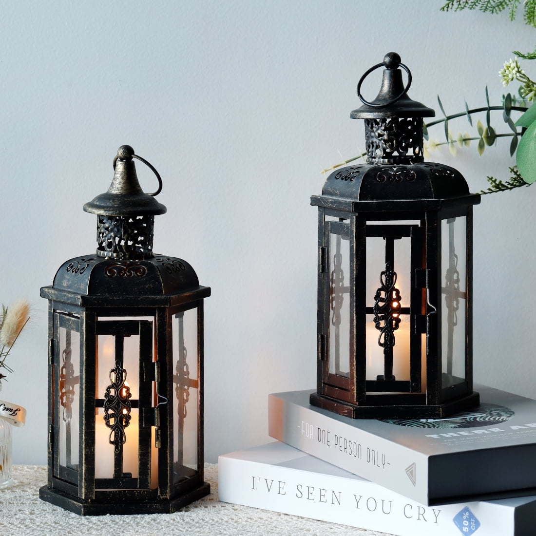JHY DESIGN 2 Set of 10''H Vintage Style Hanging Lantern for Home Garden Patio(Black with Gold Brush)