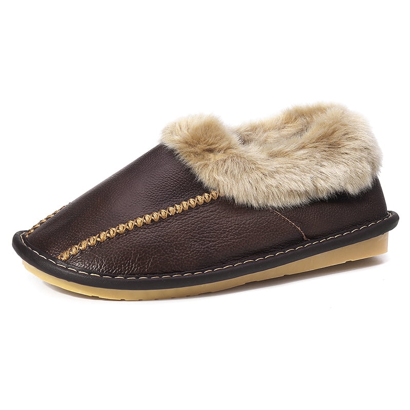 KUDOSALE Men Spring Winter Warm Cow Leather House Slipper Fleece