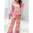thumbnail image 3 of Women Valentine's Day Pajamas Set Long Sleeve Love Printed Satin PJ Sets Button-Down Feather Trim Pajama Sleepwear Loungewear, 3 of 9