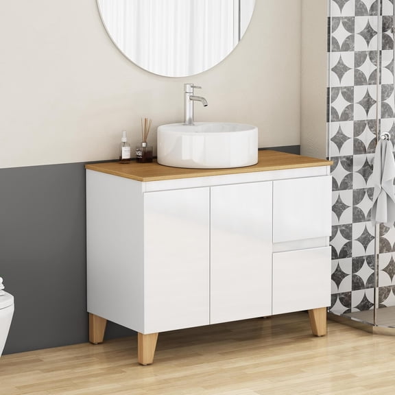Villachico 36″ Mid-century Modern Bathroom Vanity Cainet with Sink Combo,2 Doors and 2 Big Drawer, Soft-Clost System, Notural Oak Solid Wood Countertop, Round Ceramic Basin, High Glossy White Painted