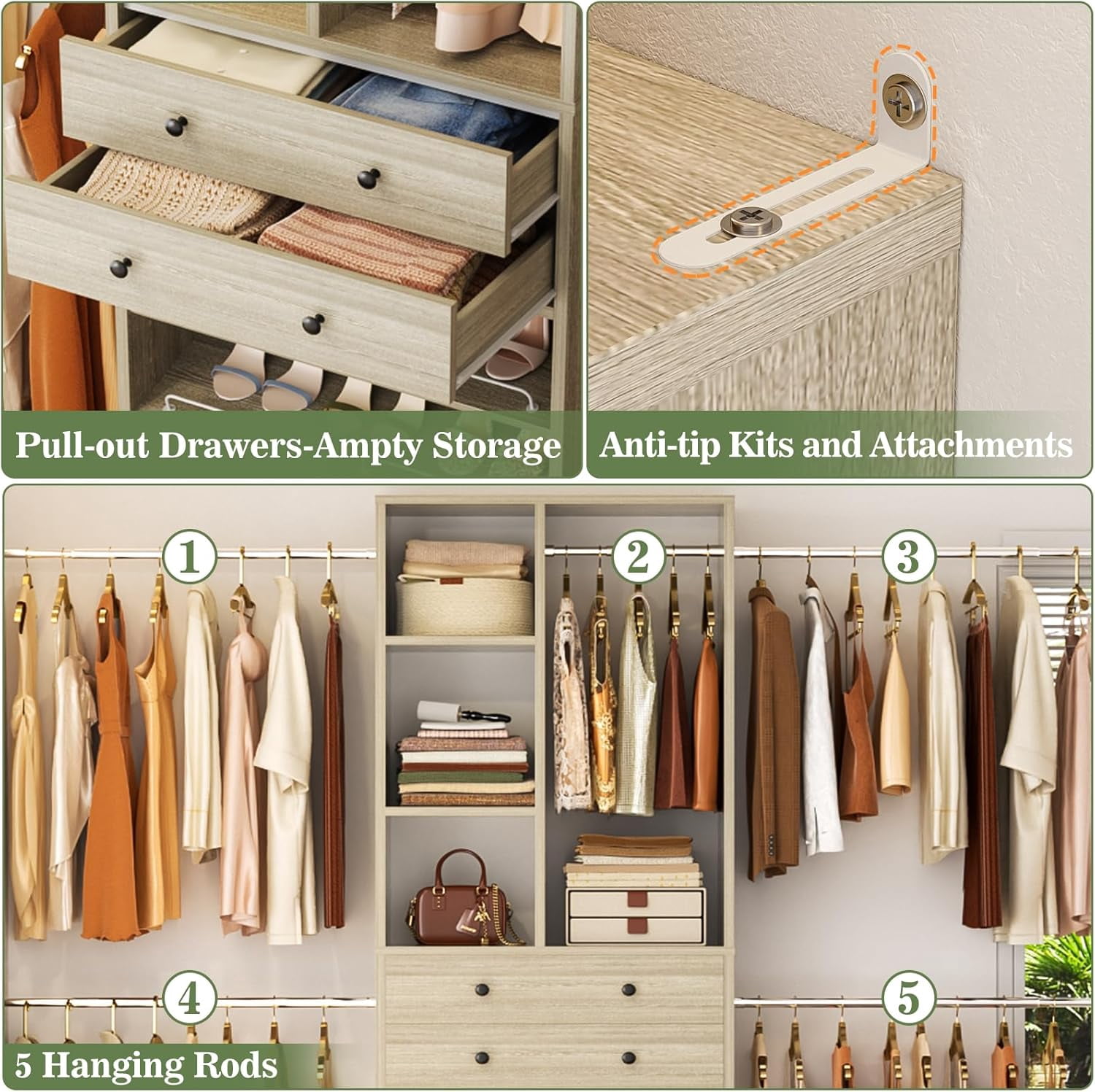 Homieasy Closet System, 2.4–8.8 FT Closet Organizer System with 2 Drawers, 5 Hanging Rods and Shoe Racks for Walk-in Closet, Bedroom, White Oak