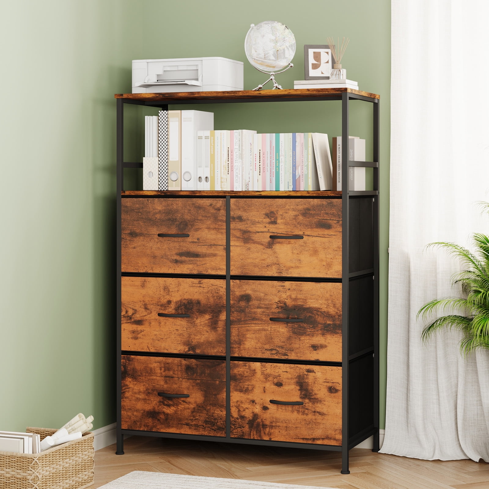 File Storage Cabinet with Adjusted Size 6 Drawers,4 Wheels Vertical Wood File Cabinet for Hanging A4/F4/Letter/Legal Rustic Brown