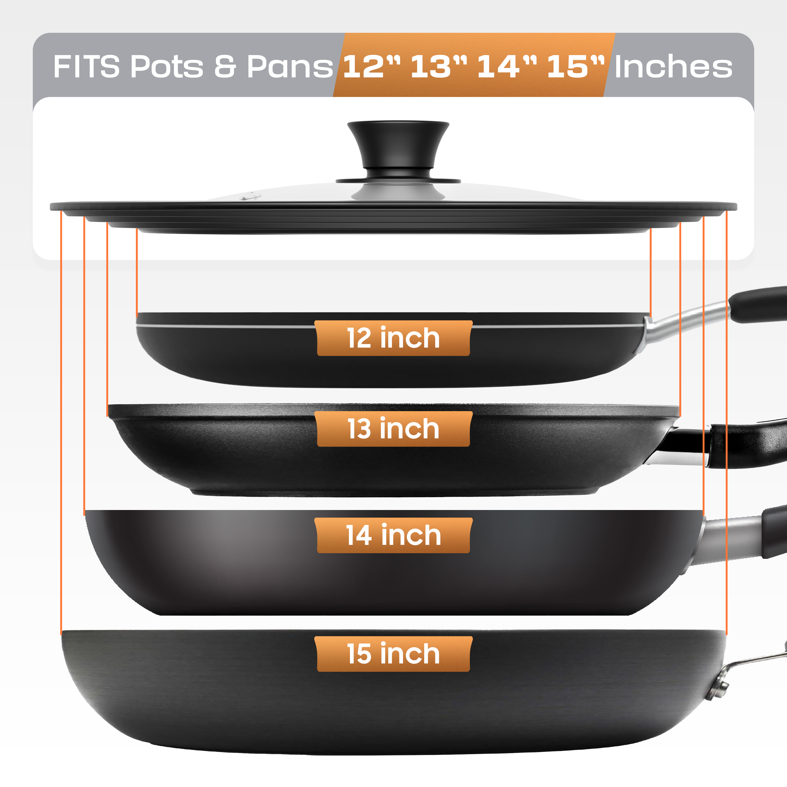 Universal Lid for Pots, Pans & Skillets Size 12", 12.5", 13", 13.5", 14" & 15" Cookwares -Tempered Glass with Silicon Rim-Black